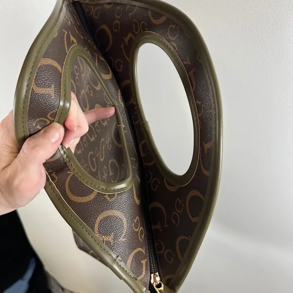 Guess Monogram Cutout Handle‎ Tote Bag Brown Olive Green Logo Print Lunch Bag - Image 11
