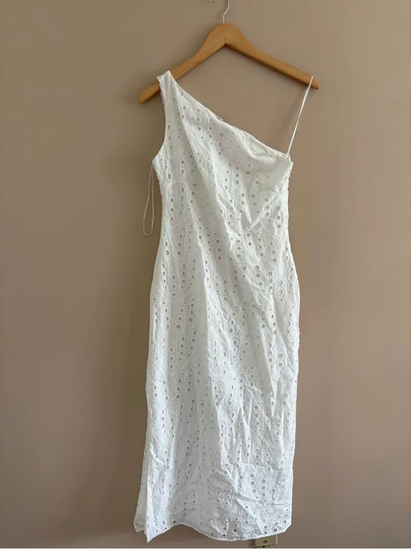 Zara White One Shoulder Eyelet Midi Dress Size XS 100% Cotton Coastal Beach - Image 4