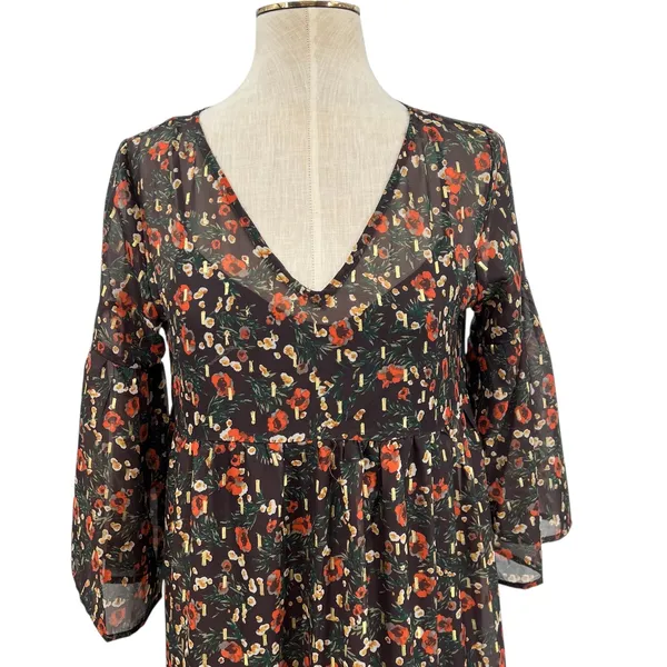 Natural Life Floral Print Midi Dress Kimono‎ Sleeve Brown Red Size Small - Image 2
