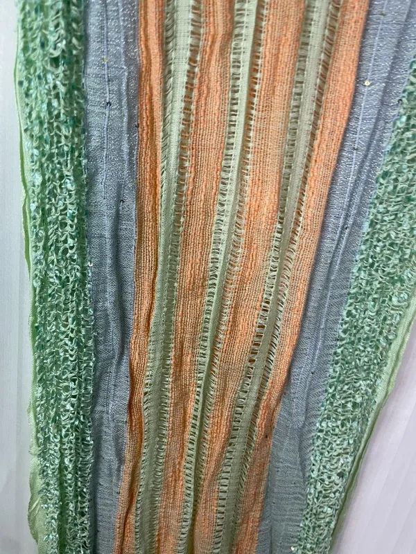 Charming Charlie Pastel Striped Knit Scarf Green Gray Peach Fringe Lightweight - Image 3