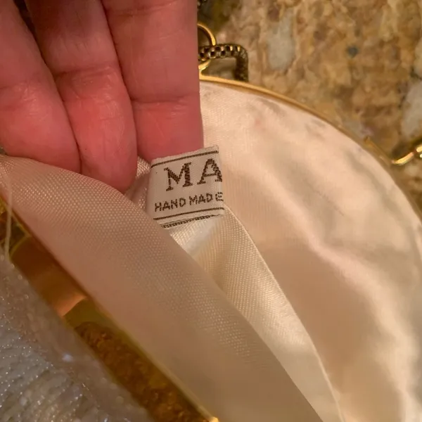Vintage MAGID White Beaded Purse Art Deco Gold Chain Strap 6x7 Formal Wedding - Image 5