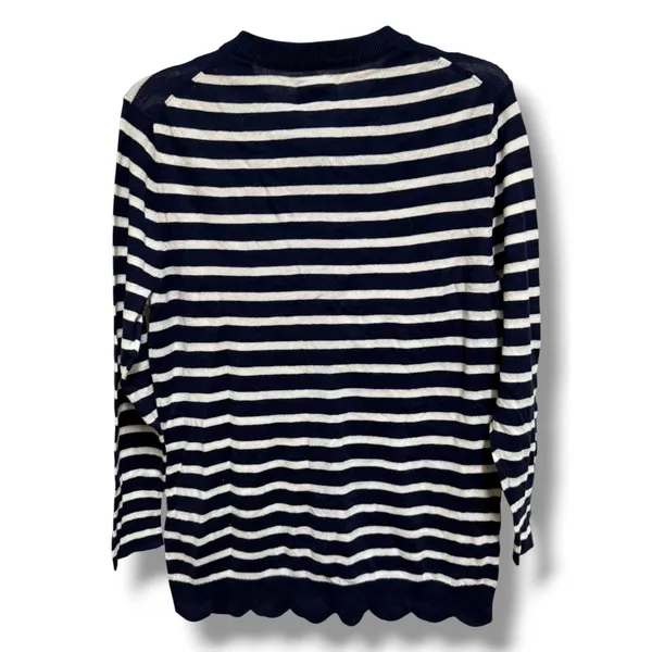 Crown & Ivy XS Navy Cream Stripe Cotton Scallop Hem Button Cardigan NWT - Image 4