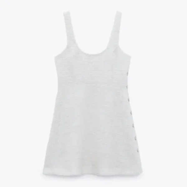 ZARA Womens White Tweed Scoop Neck Button Mini Dress Preppy Structured Chic Sz M - Image 13
