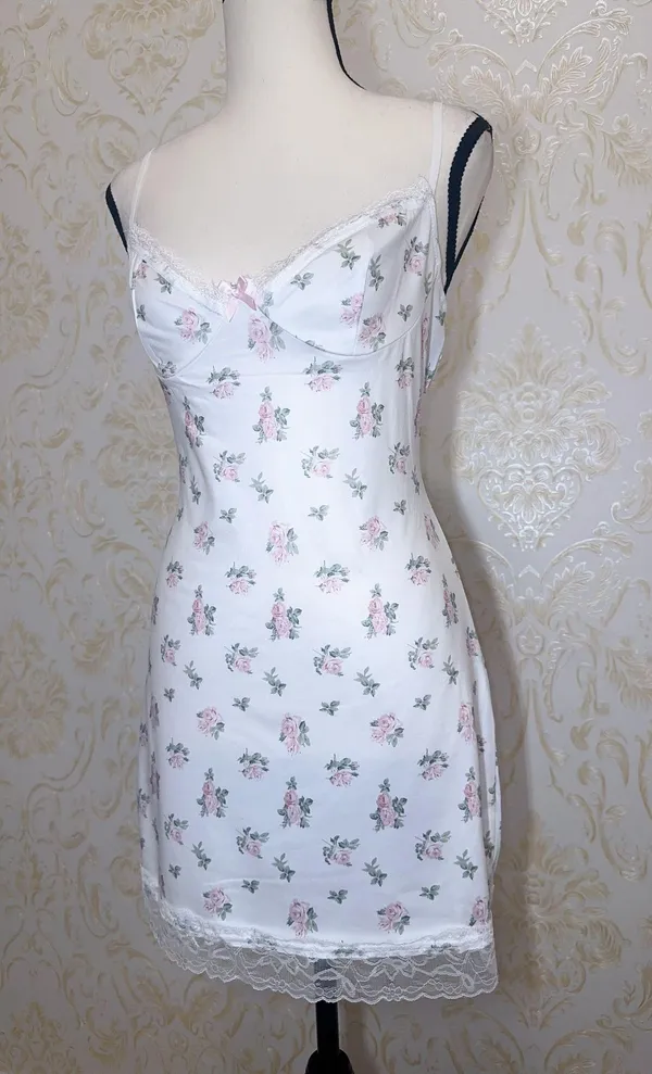 Cute white pink coquette floral lace trim mini dress with pink roses night gown size xs-s - Image 5