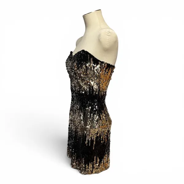 Social Couture Strapless Sequin Mini Cocktail Dress Black Gold Medium - Image 3