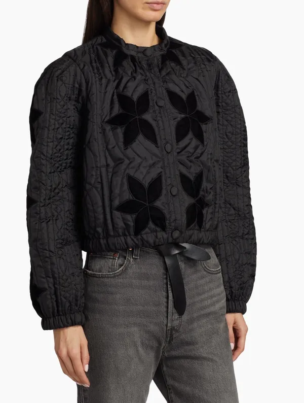 Free People Quinn Quilted Jacket with Velvet Floral Detail in Black - Image 5