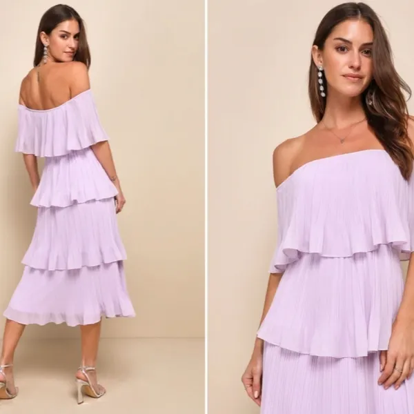 LULU's Prom Wedding Boho Romantic Tiered Ruffles Off the Shoulder Midi Dress - Image 3