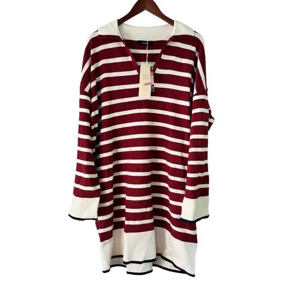 Dokotoo 2XL Striped Knit Tunic Top‎ Burgundy Cream Quarter Zip Long Sleeve - Image 2