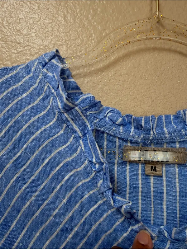 Flax Striped Sleeveless A-Line 100% Linen Ruffle Neck Swing Dress Size M - Image 3
