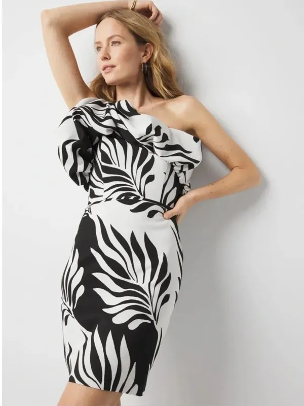 NWT $180 White House Black Market One-Shoulder Jacquard Dress Black White SZ-10 - Image 3