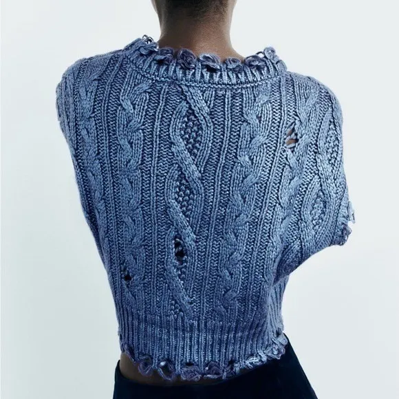 ZARA Metallic Blue Cropped‎ Sweater Cableknit Distressed Cable Knit Crop Small - Image 8