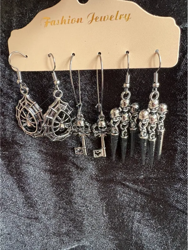Set of 3 Pairs of Silver-Tone Halloween Themed Earrings with Spider, Skeleton, & - Image 2