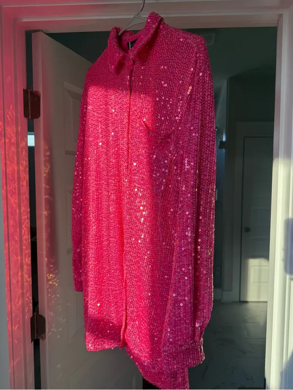 Bohoo Hot Pink Sequin Shirt Dress - Image 2