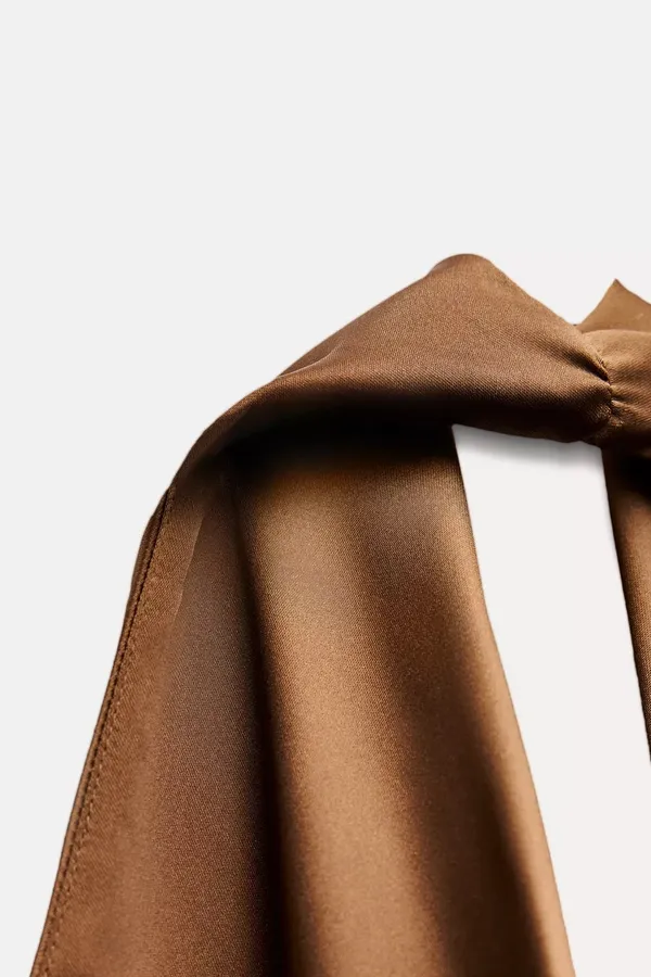 Zara dress gown maxi halter satin plunge neck Brown holiday wedding evening - Image 6