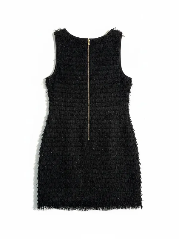 Betsey Johnson Fringe Mini Dress Womens 14 Black Layered Shift Zipper - Image 2