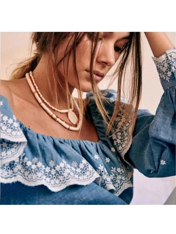 Sézane Embroidered Francesca Blouse Blue Chambray Women’s size 36 US 4 Small - Image 14