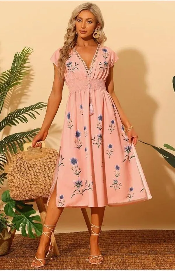 NEW Allegra K Deep V Neck Boho Floral Smocked Waist Midi Dress L - Image 2
