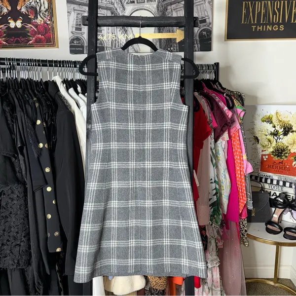 Theory Gray Plaid Wool-Blend Cashmere Sleeveless Shift Mini Dress 00 Preppy - Image 5