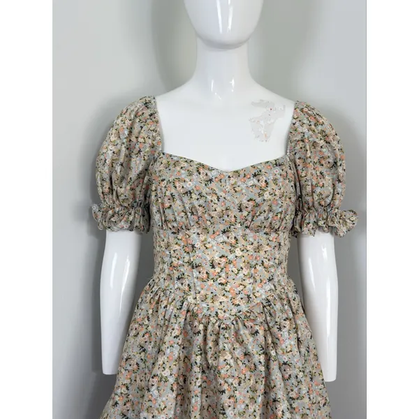 Women Floral Puff Sleeve Mini Dress Cottagecore Milkmaid Boho Corset Waist S - Image 2
