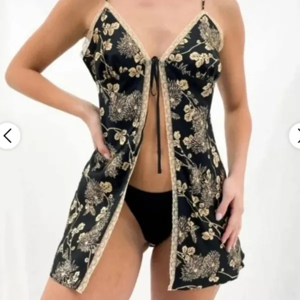 Victoria's Secret Camisole M Floral Pattern Lace Trim Vintage 90s-00s Black Tan - Image 2