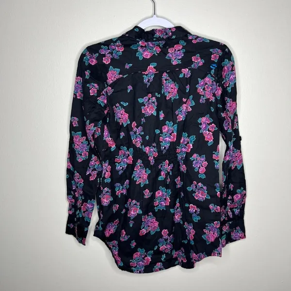 Billabong Women's Floral Button-Up Shirt‎ Size S 100% Cotton Black & Pink - Image 6