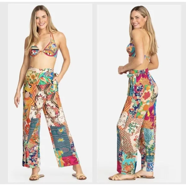 NWOT Johnny Was Soft Side Wrap Pants Womens Size L Multicolored Tropical Pull on - Image 2