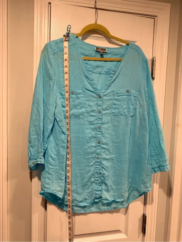 JM Collection Size 14 Aqua Blue Linen Button Down Collarless Beachy Tunic Top - Image 4