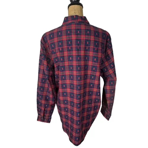 Vintage Cascade Blues Plaid‎ Button Up Shirt Red Blue Bells Teacher Size Medium - Image 2