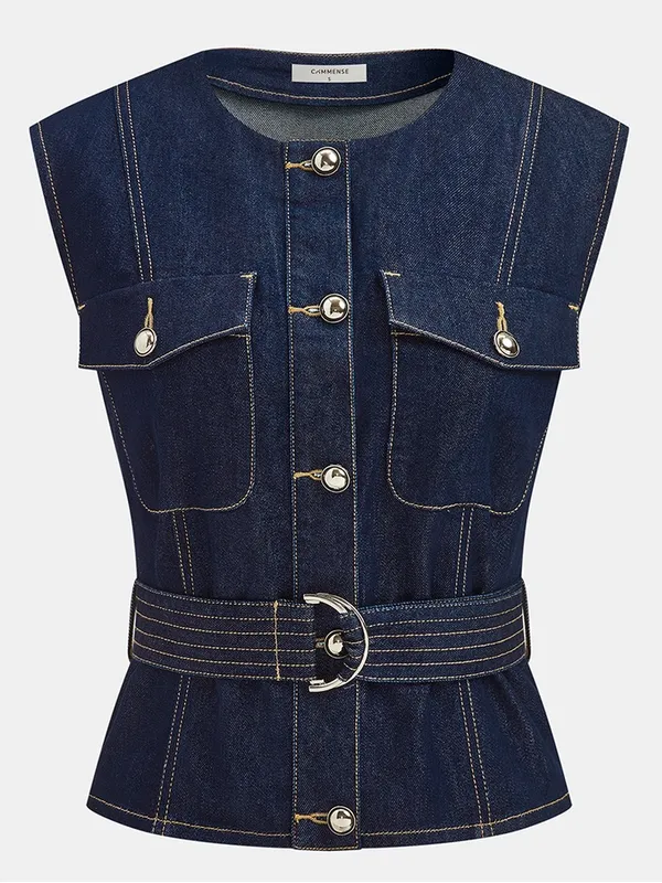 Commense Denim Belted Sleeveless Vest Blue Size L NWT - Image 5