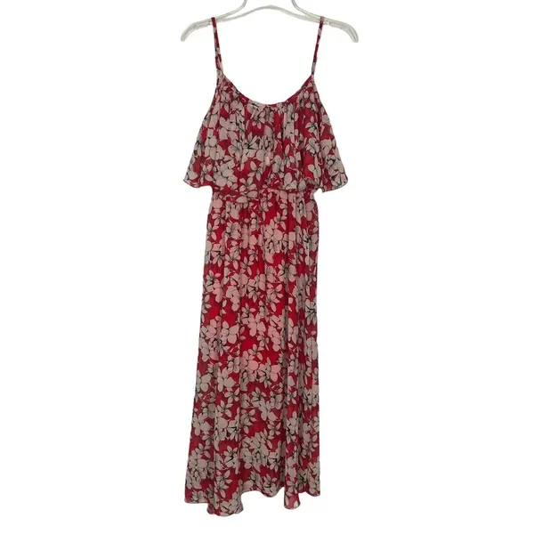 TTI Floral Off Shoulder Chiffon Red Maxi Dress Size Small - Image 3