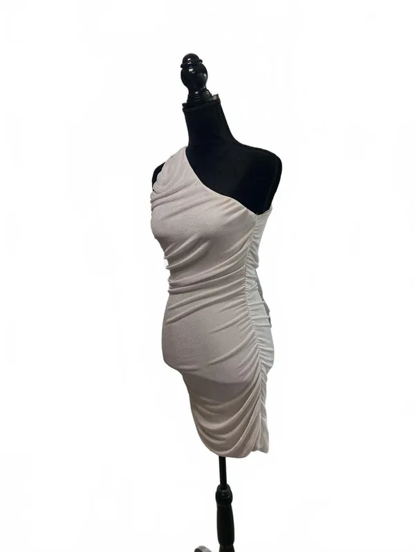 One Shoulder Ruched Bodycon Dress Champagne Beige Mini Cocktail Party Sz Large - Image 2