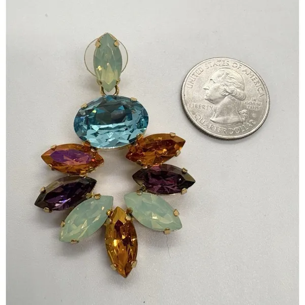 Colorful‎ Rhinestone Dangle Drop Gold Tone Earrings Pierced Statement Heavy - Image 7