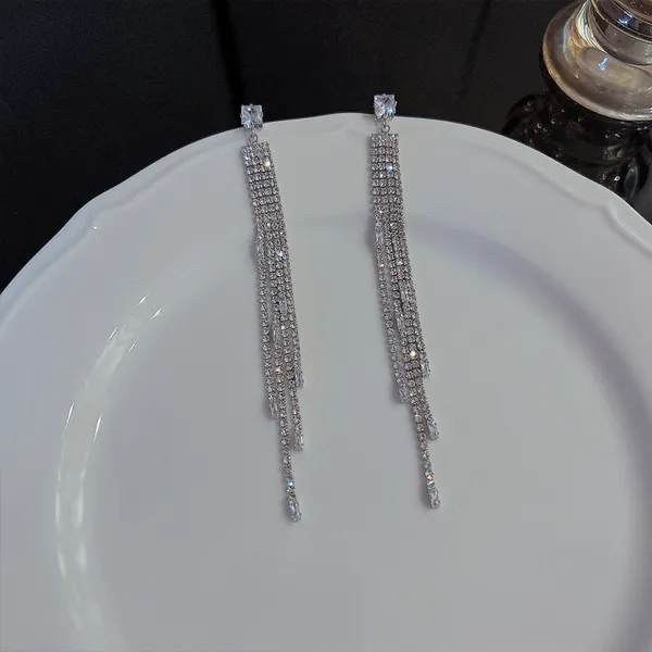 925 Silver Plated CZ Cubic Zirconia Long Dangle Drop Earrings for Women - Image 2