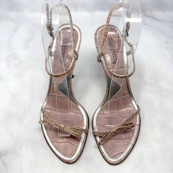 Cesare Paciotti Vintage Y2K Dagger Bow Croc Open Toe Stiletto Sandal Heels 40 - Image 4