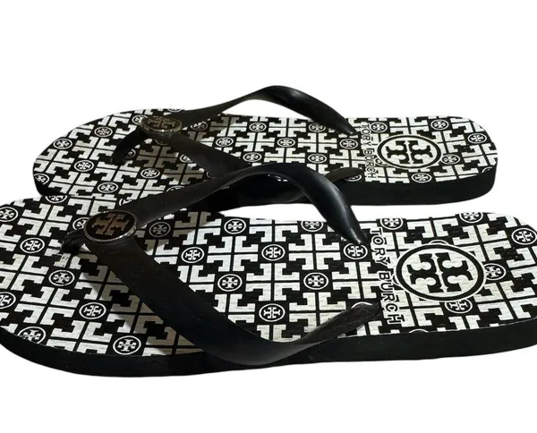NWOT Tory Burch Black and White Logo Flip Flops - Image 2