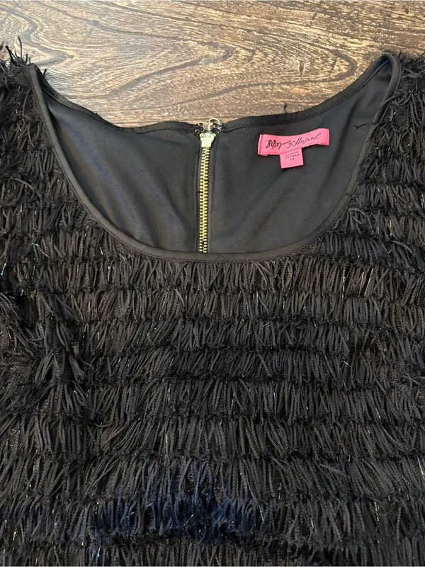 Betsey Johnson Fringe Mini Dress Womens 14 Black Layered Shift Zipper - Image 3