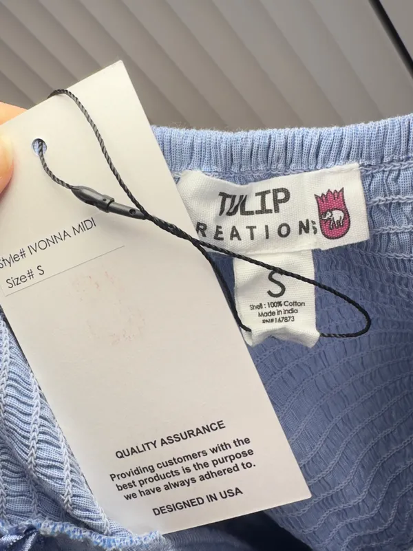 NWT TULIP 100% Cotton V Waist Light Blue Tie-Shoulder Maxi Dress SMALL - Image 5