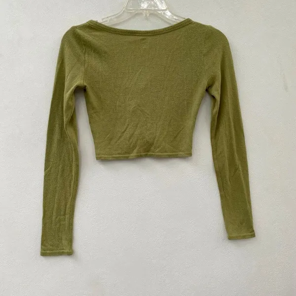 Me To We Olive Green Ruched Crop Top XS Long Sleeve Boho Y2K - Image 4