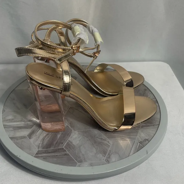 Call It Spring Gold Ankle Strap Block Heel Sandals Size 6 With Box - Image 2