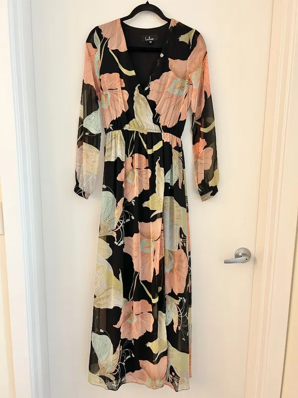 Lulus Wondrous Water Lilies Black Floral Print Maxi Dress Size XS - Image 4