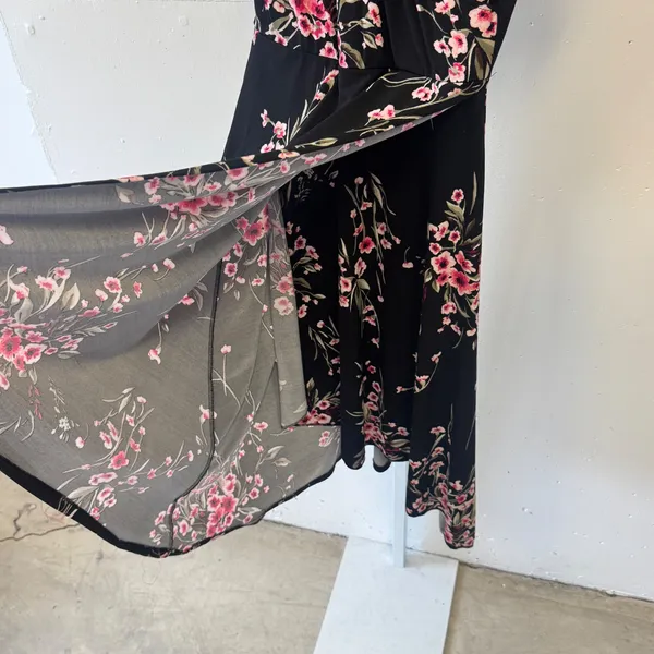 White House Black Market Floral Faux Wrap High Low Midi Dress Black Pink 4 - Image 5