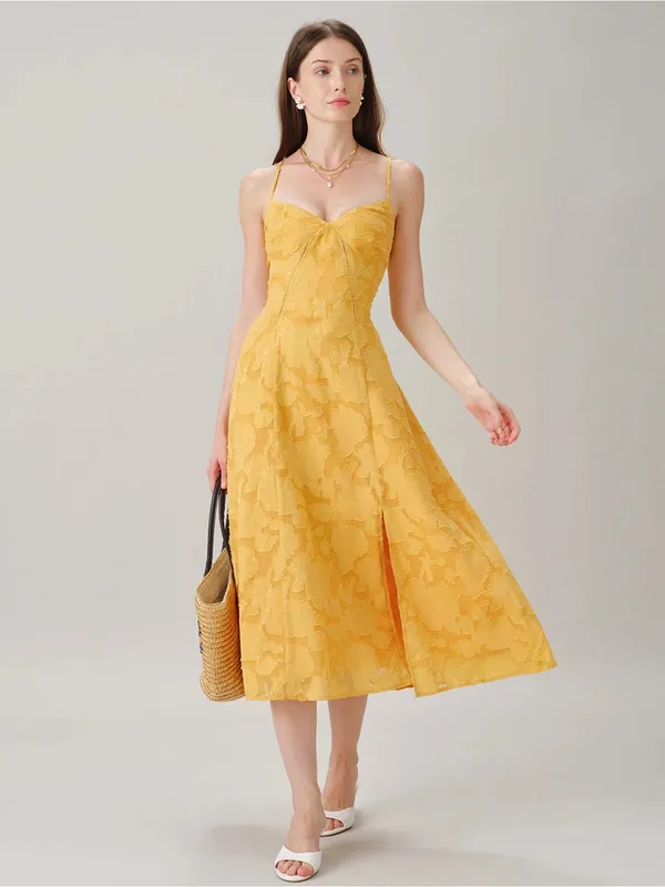 Rihoas Yellow X Cross Jacquard Slip Midi Dress - Image 6