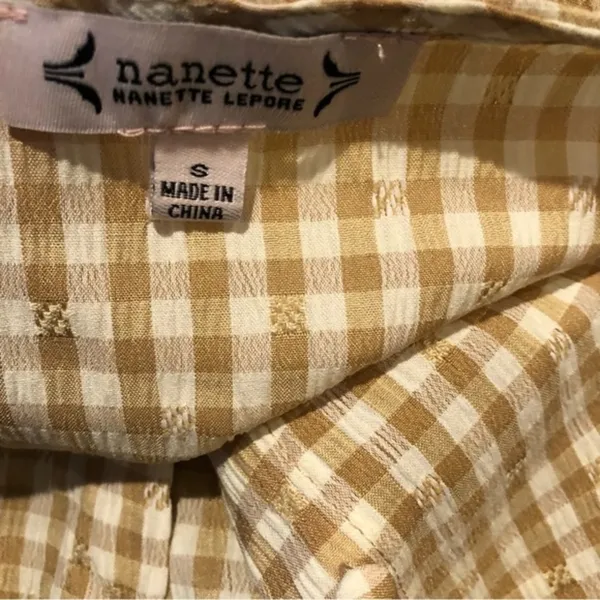 Nanette Lepore Babydoll Milkmaid Y2k Gingham Checkered Neutral Cropped Top S - Image 4