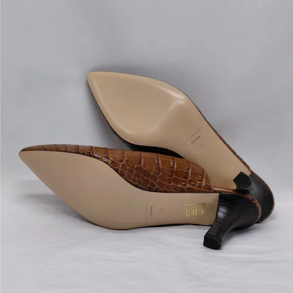 $289 NWT Club Monaco Mule Heels Women's Sz 7 Brown Croc Embossed Pointed Toe - Image 13