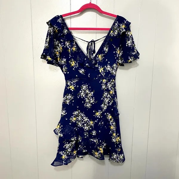 Lulus Spring Sweetheart Navy Blue Floral Flutter Sleeve Mini Dress S - Image 3