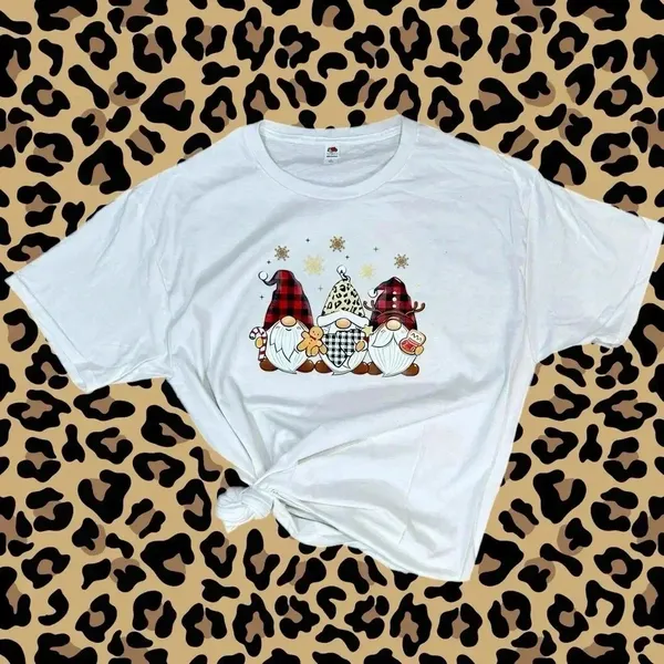 Fruit of the Loom Christmas Holiday Gnomes Plaid Leopard Print Women’s Graphic Cotton T Shirt Sz L - Image 3