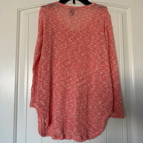 Soft Coral Pink Bouclé Open Knit Sweater Top Romantic Beachy Lightweight Long Sleeve - Image 4