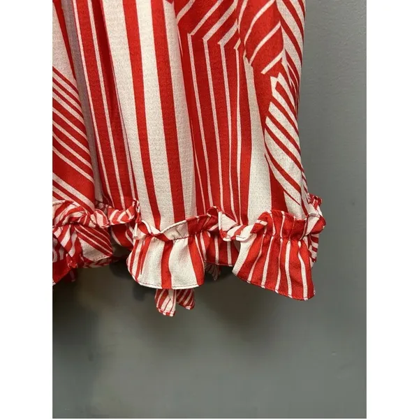 NWT Neiman Marcus Red White Abstract Stripe V-Neck Mini Dress | Size L - Image 7