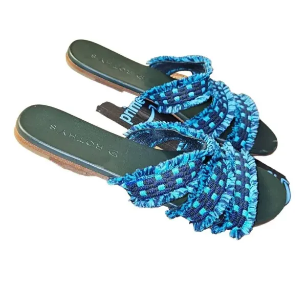 Rothy's Womens Blue Fringe Triple Fabric Strap Slide On Flat Sandals‎ 6 - Image 3
