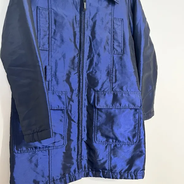 Guess Women's Dark Blue Shiny Long Winter‎ Jacket Size Small Missing Belt - Image 2